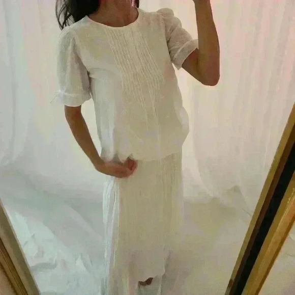 MADEWELL White Romantic Blouse Cream pleat picnic Short Sleeve quarter sleeve - Picture 2 of 11